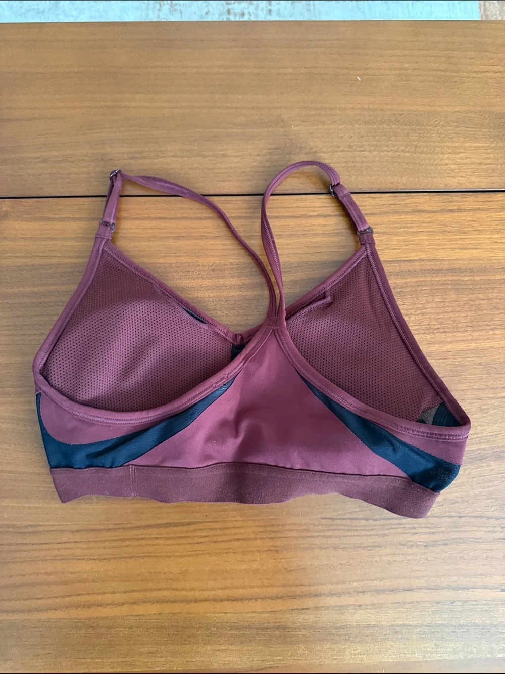 Nike Women's Maroon Strappy Sports Bra with Black Accents